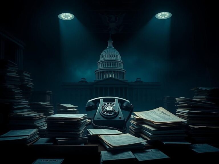 Flick International Dimly lit room filled with documents labeled 'classified' and 'confidential' symbolizing invasive surveillance