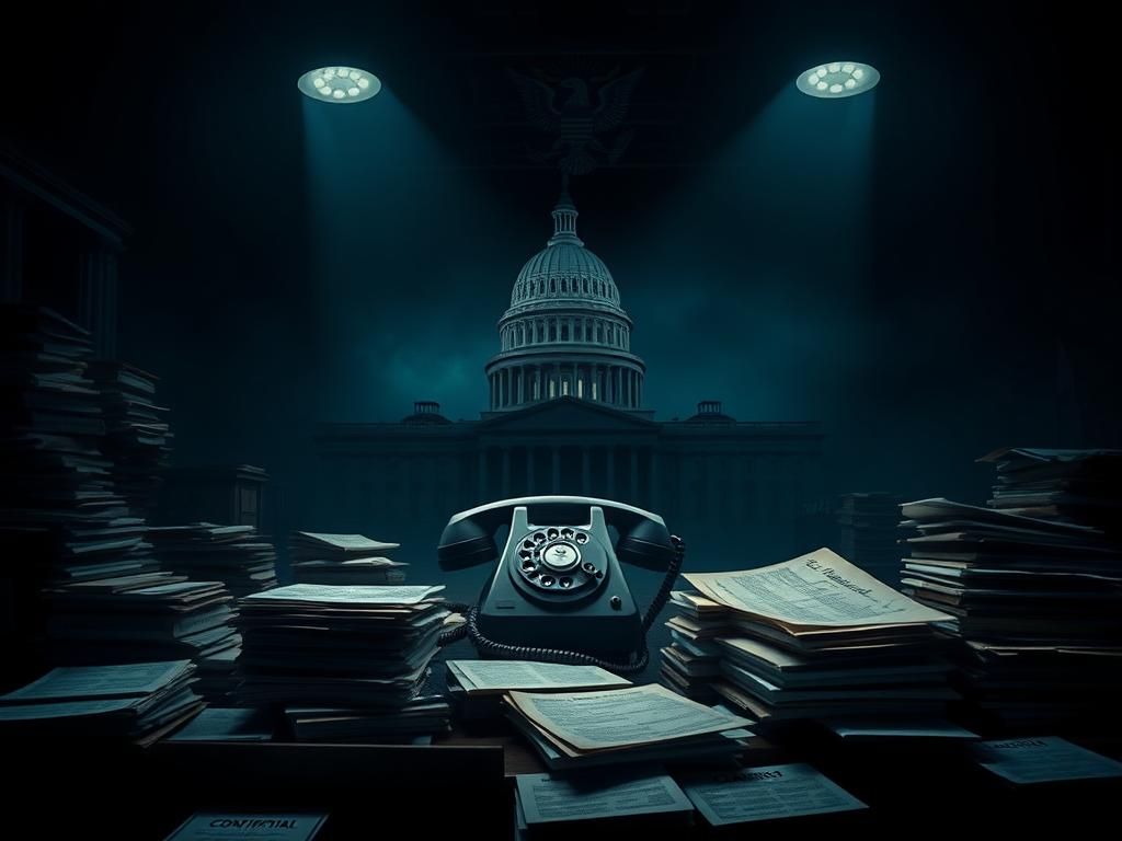 Flick International Dimly lit room filled with documents labeled 'classified' and 'confidential' symbolizing invasive surveillance