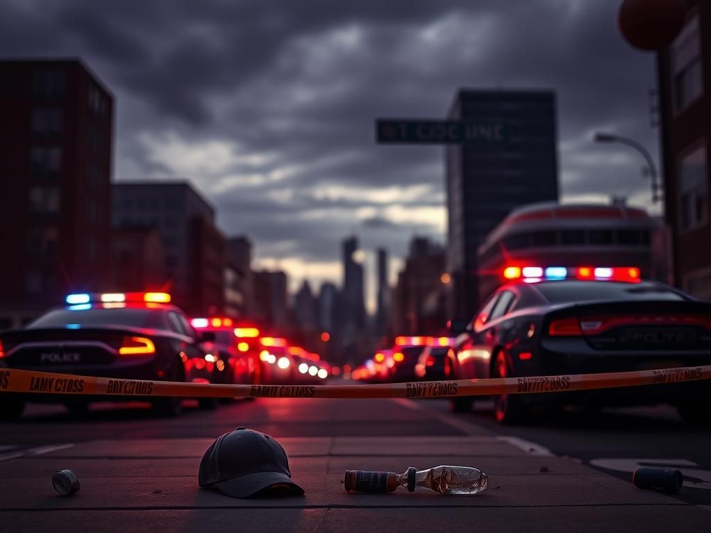 Flick International Police cars lined on a Chicago street at dusk with flashing lights and caution tape