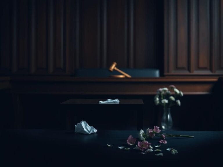 Flick International Dimly lit courtroom with empty witness stand and single tissue, symbolizing emotional turmoil