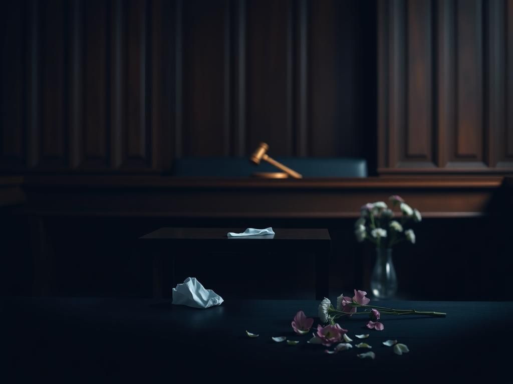 Flick International Dimly lit courtroom with empty witness stand and single tissue, symbolizing emotional turmoil