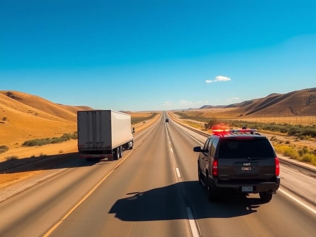 Flick International A highway scene along I-40 in Oklahoma with a commercial truck and marked police vehicle during an ICE enforcement operation