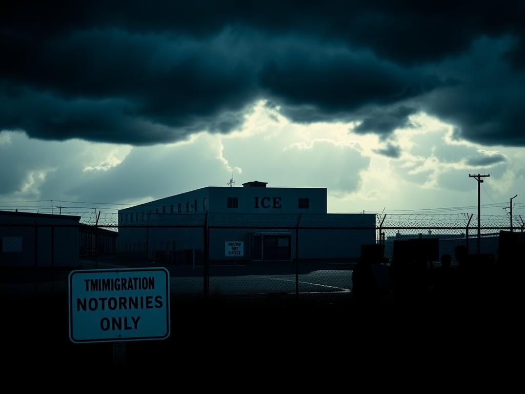 Flick International ICE facility under a dark sky with barbed wire and a no trespassing sign