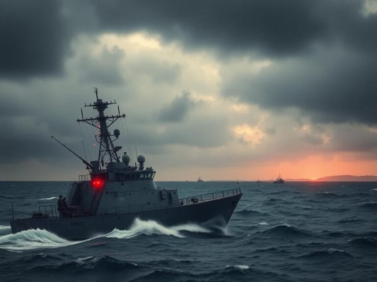 Flick International Military naval ship patrolling turbulent waters near Venezuela's coastline