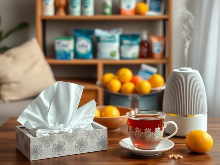 Flick International Cozy home space filled with sick day essentials including tissues, herbal tea, and a humidifier