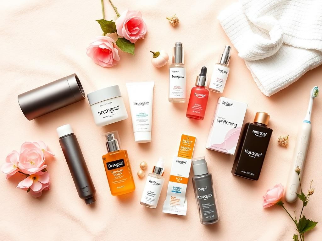 Flick International A vibrant flat lay of beauty products including a Dyson hair tool and Neutrogena moisturizer on a soft background.