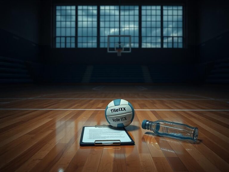 Flick International Empty volleyball court with single volleyball and coaching notes symbolizing the recent trans athlete scandal