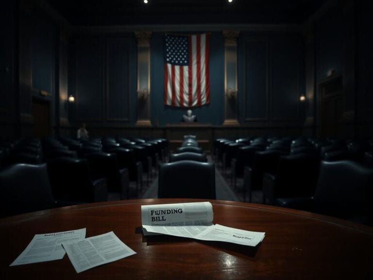 Flick International Dimly lit Senate chamber with empty seats symbolizing government shutdown tension