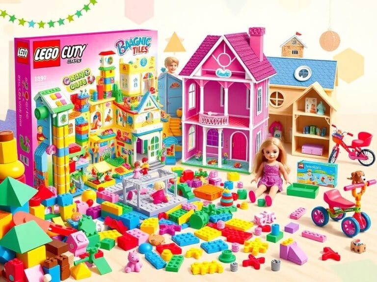 Flick International A vibrant collection of children's toys including a Lego set, Barbie Dreamhouse, and colorful Magna-Tiles displayed on a cheerful backdrop.