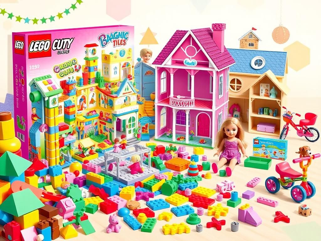 Flick International A vibrant collection of children's toys including a Lego set, Barbie Dreamhouse, and colorful Magna-Tiles displayed on a cheerful backdrop.