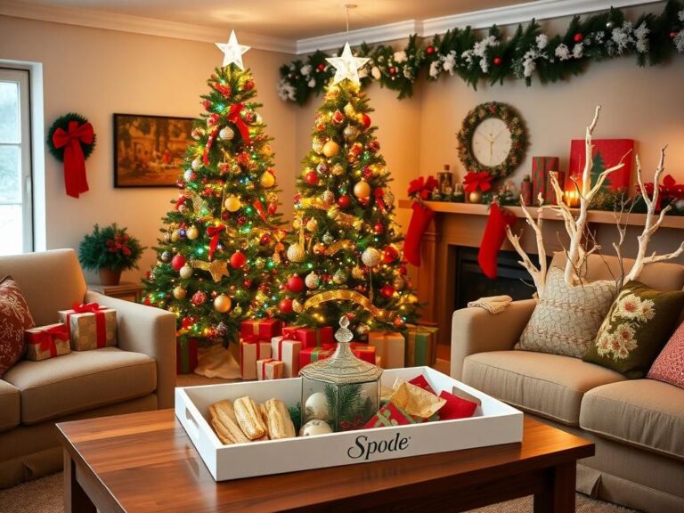 Flick International Cozy living room decorated for Christmas with a tall artificial tree and holiday decor