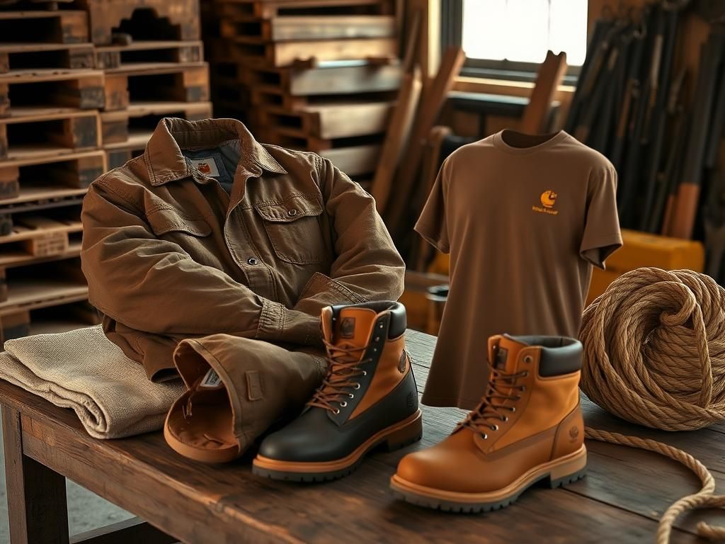 Flick International Rustic wooden table with Carhartt jacket, Wrangler utility pants, Timberland PRO work boots, and tools