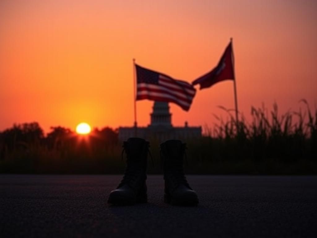 Flick International Sunset over New Jersey with military boots symbolizing troop deployment debate