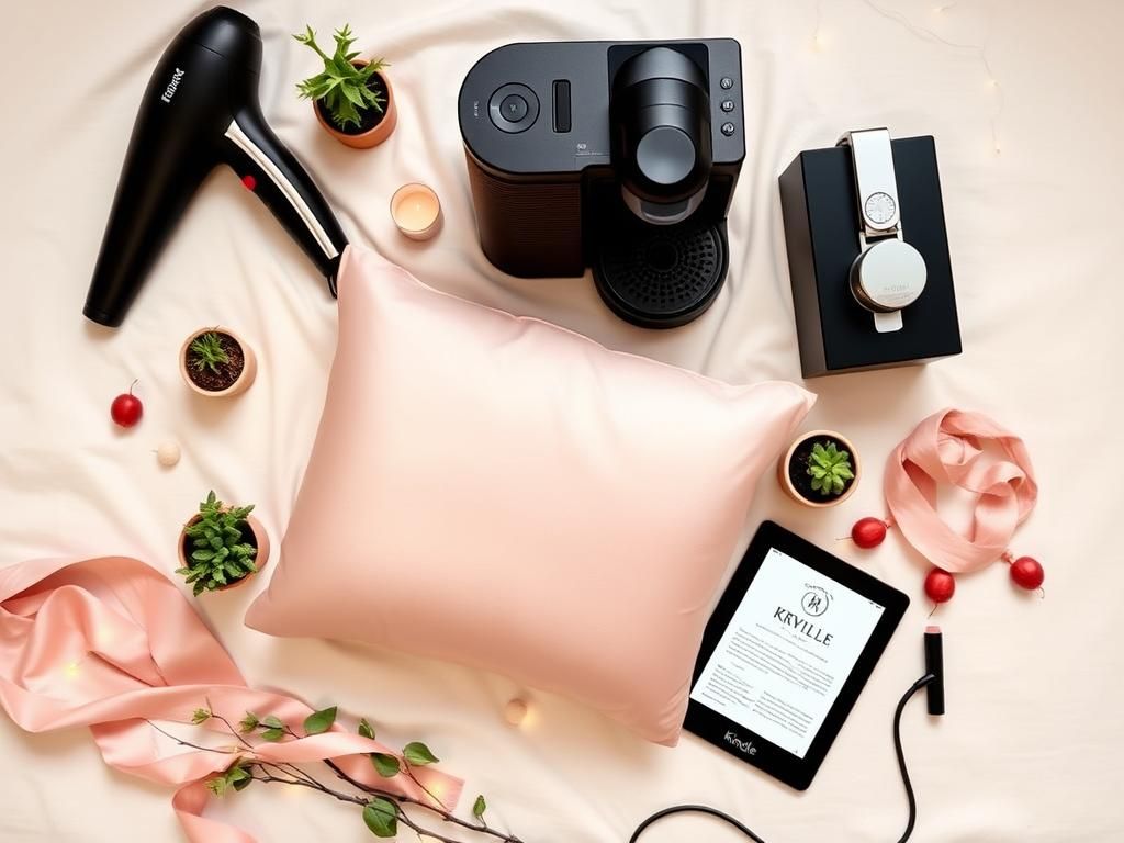 Flick International Beautifully arranged flat lay scene featuring a Shark FlexStyle hair dryer, Breville espresso machine, mulberry silk pillowcase, and Kindle Scribe with subtle holiday decor.