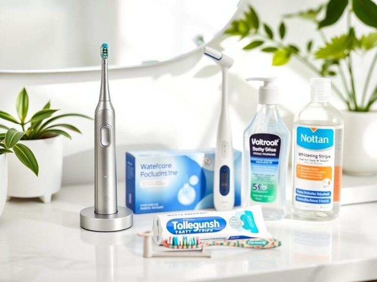 Flick International Bright bathroom countertop with electric toothbrush, whitening strips, and water flosser
