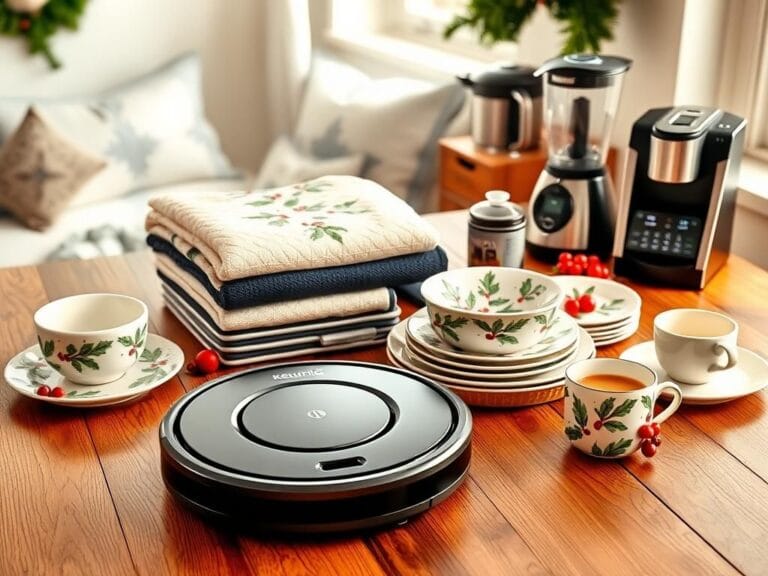 Flick International Vibrant flat lay of home and kitchen products including a Shark robot vacuum and Lenox dinnerware