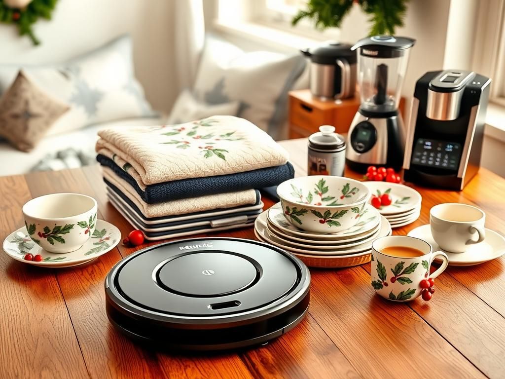 Flick International Vibrant flat lay of home and kitchen products including a Shark robot vacuum and Lenox dinnerware