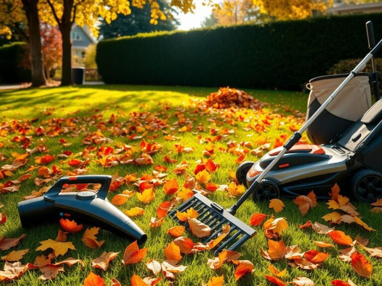Flick International Vibrant autumn lawn scene with fallen leaves and lawncare tools