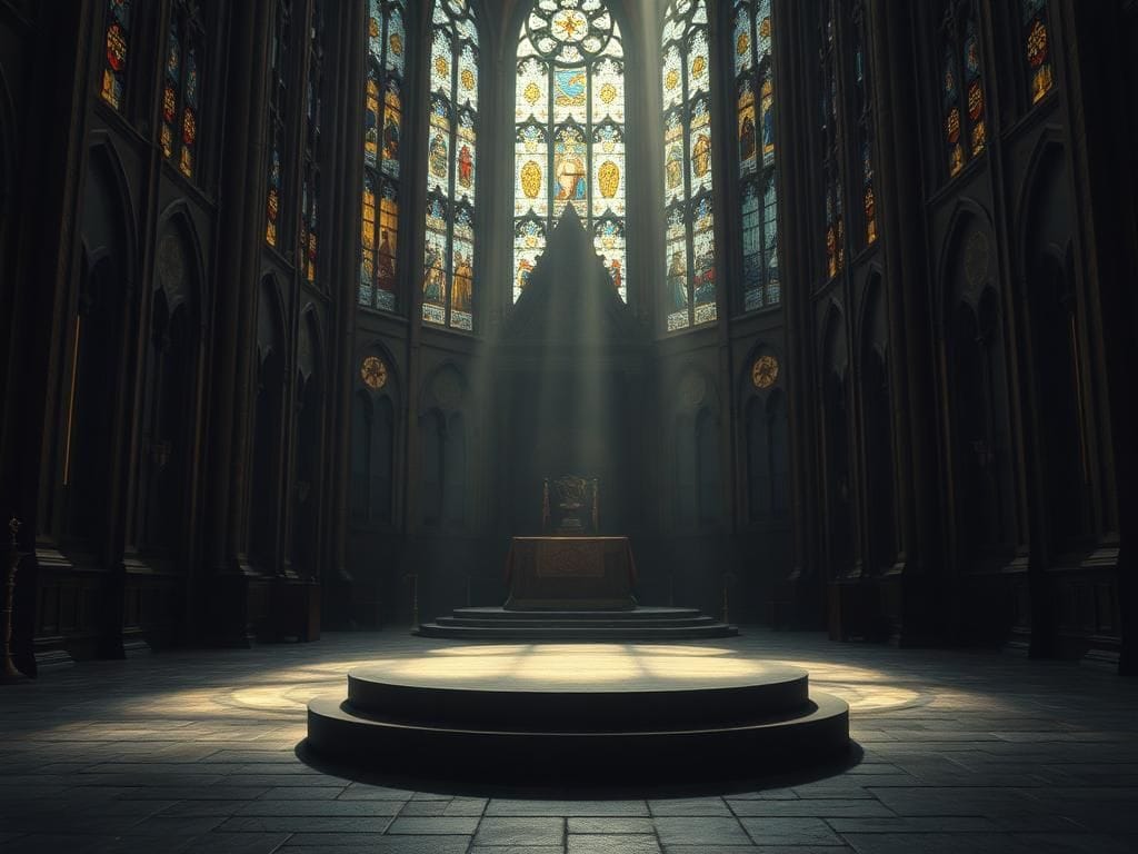 Flick International Grand cathedral interior with stained glass windows and empty podium symbolizing a declined award