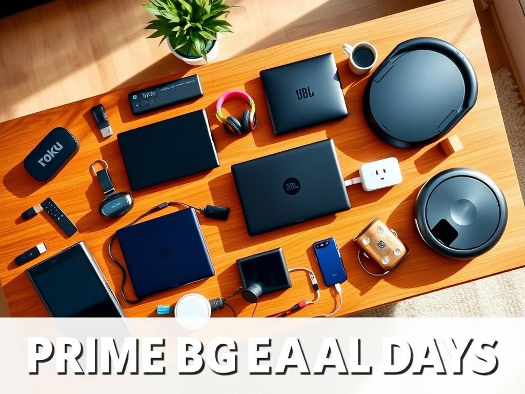 Flick International A vibrant flat lay of tech gadgets including Roku streaming devices and Bose headphones on a modern wooden table