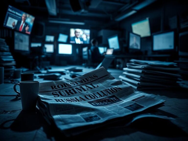Flick International A darkened newsroom filled with newspapers and glowing computer screens, symbolizing chaos in journalism.