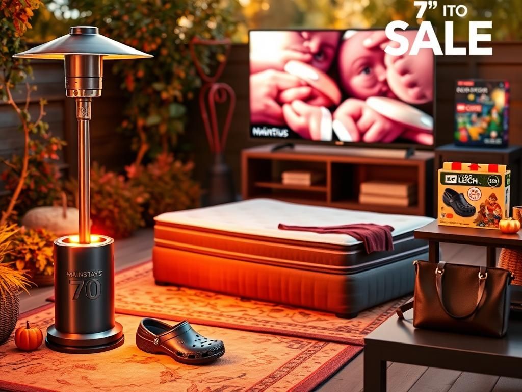 Flick International Cozy outdoor setting featuring a Mainstays propane patio heater with a Zinus hybrid mattress and colorful Crocs' Baya clogs during Walmart's October sale