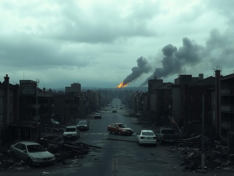 Flick International Somber urban landscape depicting the aftermath of a terror attack with shattered buildings and smoke rising.