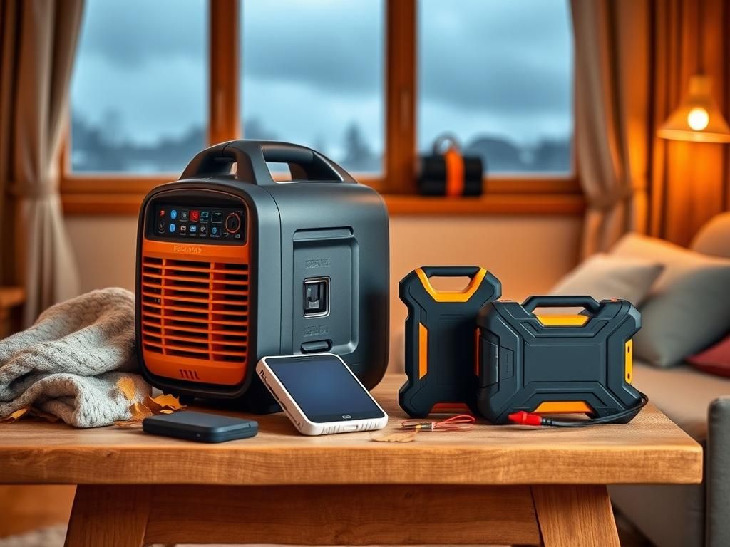 Flick International A modern generator, portable charger, and car jump starter arranged on a wooden table with autumn decor.