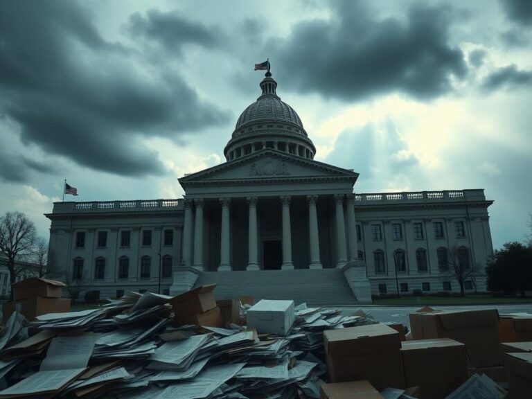 Flick International Historic government building conveying uncertainty with discarded documents symbolizing workforce reduction