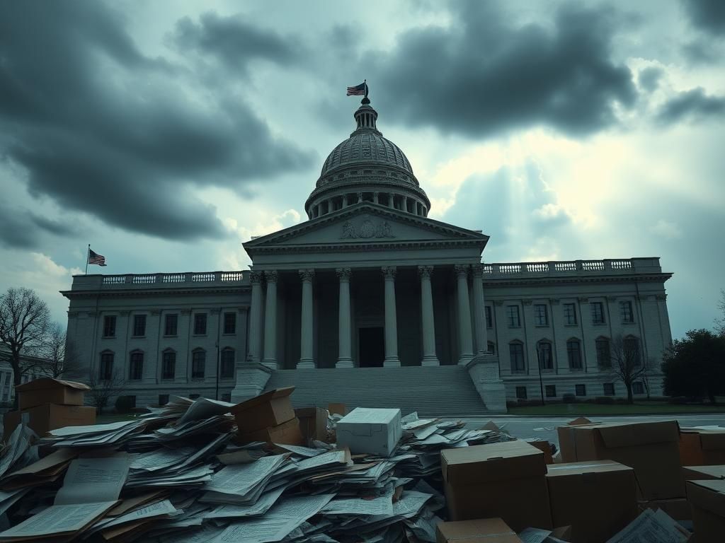 Flick International Historic government building conveying uncertainty with discarded documents symbolizing workforce reduction
