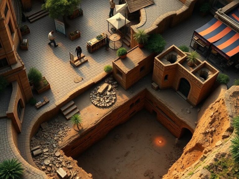 Flick International Aerial view of a bustling marketplace showing archaeologists' excavations, including ancient Roman pottery and a 16th-century dungeon.