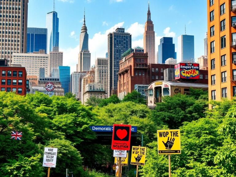 Flick International Urban landscape of New York City showcasing vibrant street art and community symbols