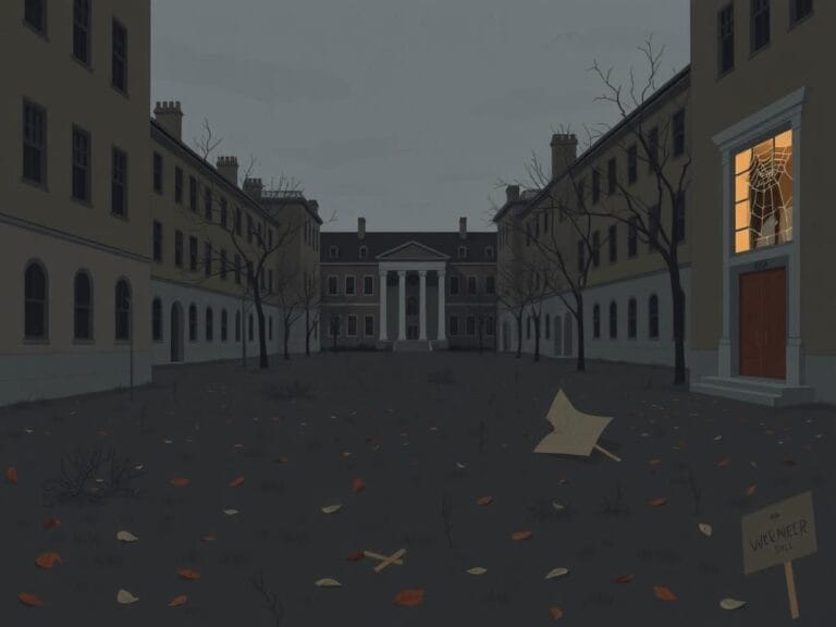 Flick International Empty university campus courtyard evoking isolation and unease