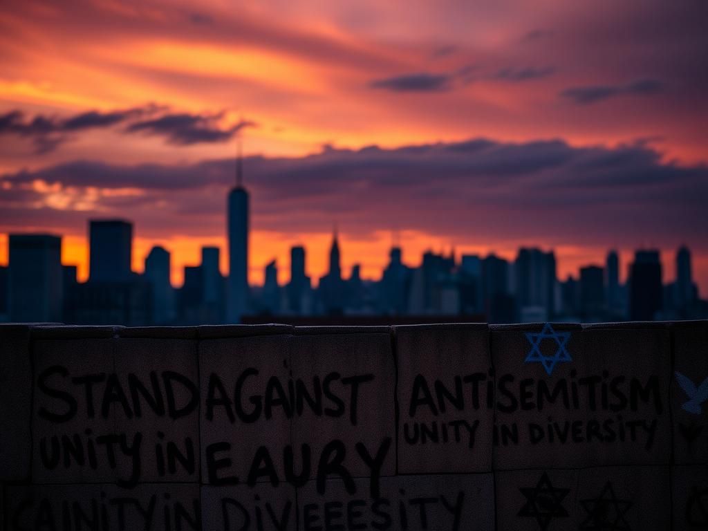 Flick International Urban skyline at sunset with the World Trade Center silhouette and anti-hate graffiti on a stone wall