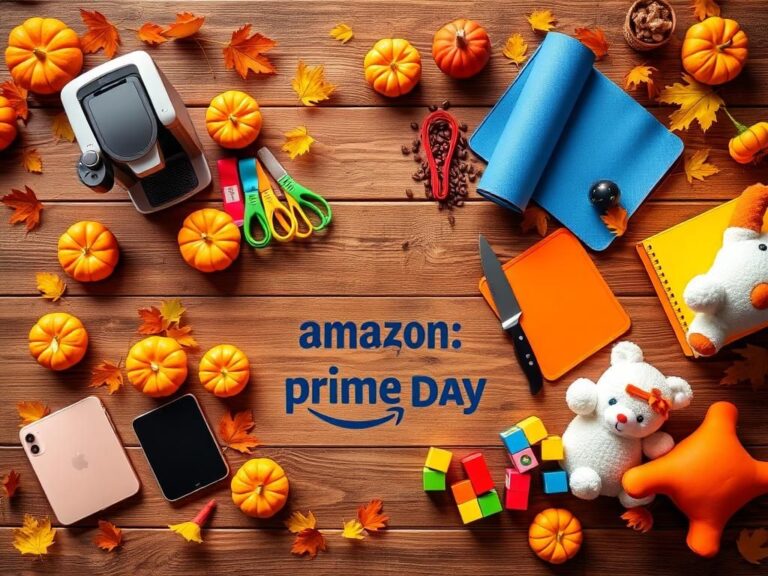 Flick International A cozy autumn-themed collage of holiday gifts including espresso machines, fitness equipment, and kids' toys.