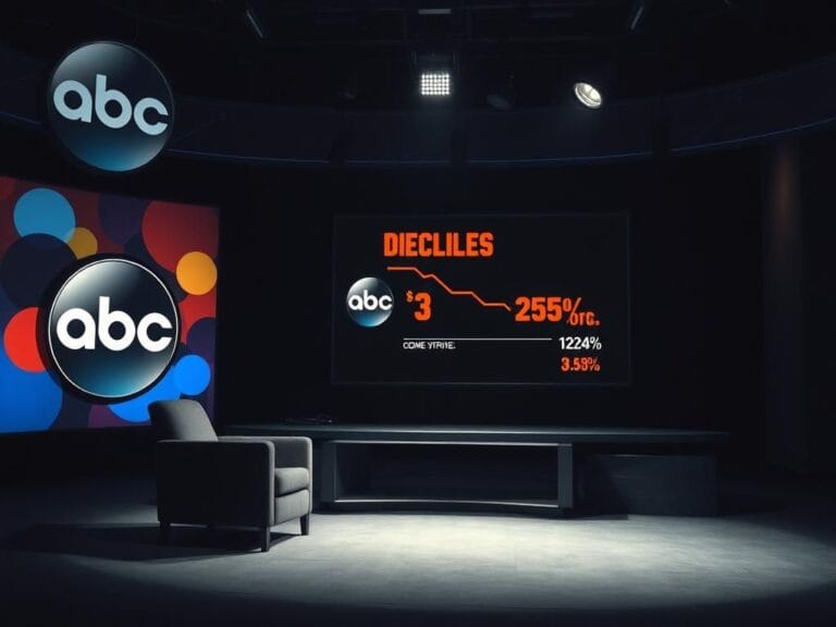 Flick International Dimly lit television studio with empty late-night talk show desk and oversized chair