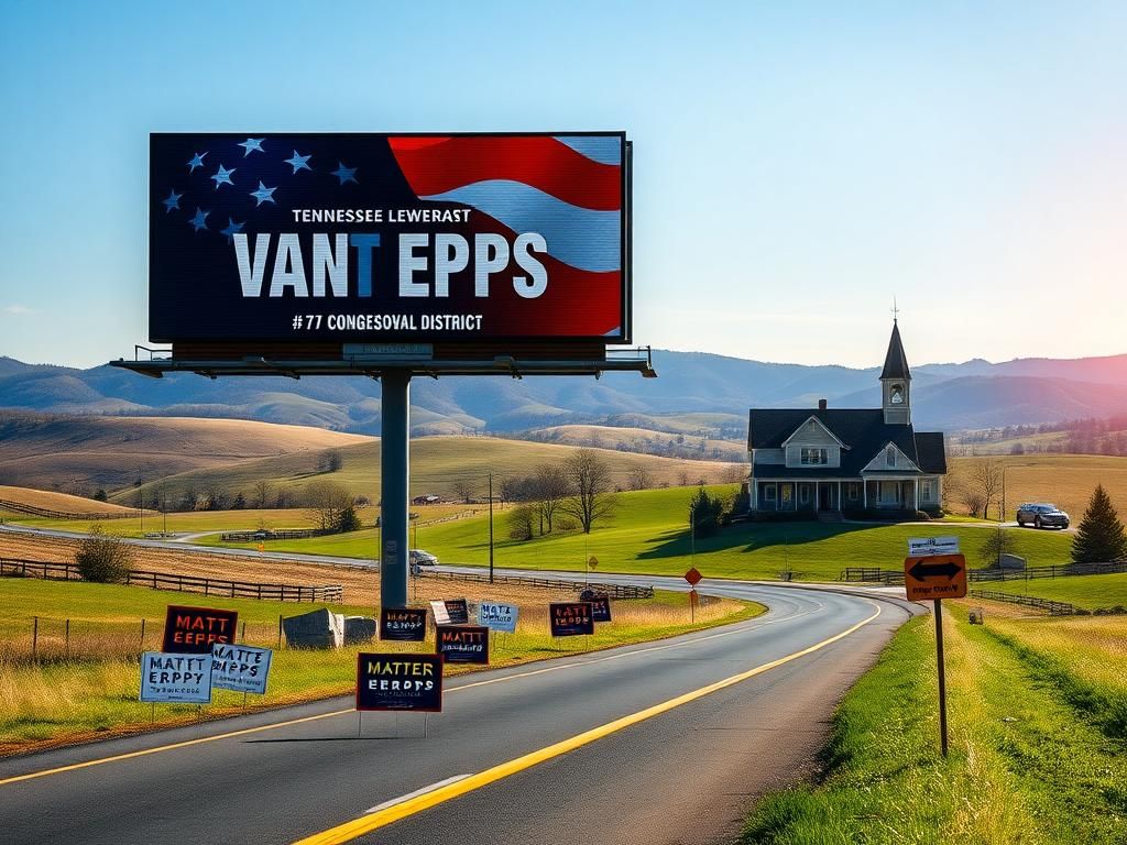 Flick International A digital billboard endorsing Matt Van Epps in Tennessee's 7th Congressional District with campaign signs and Southern architecture in the background