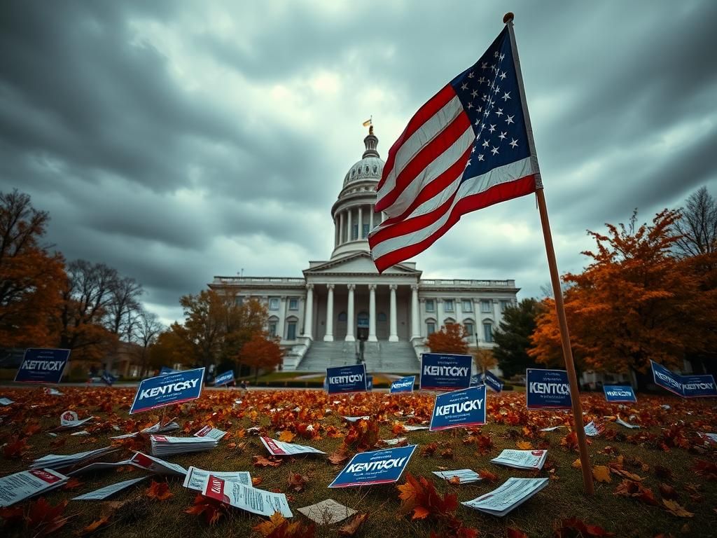 Flick International Dramatic scene of the Kentucky state capitol building under an overcast sky with an American flag in the foreground