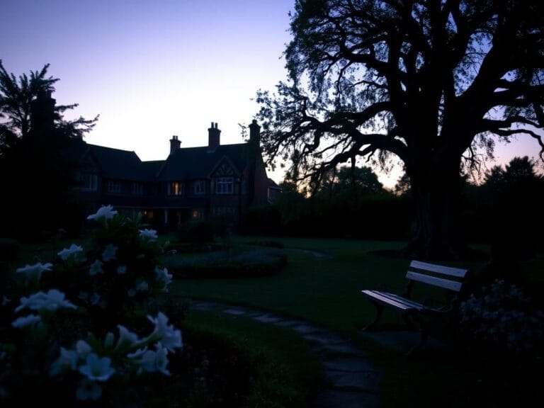 Flick International Serene English garden at twilight with blooming flowers and a path