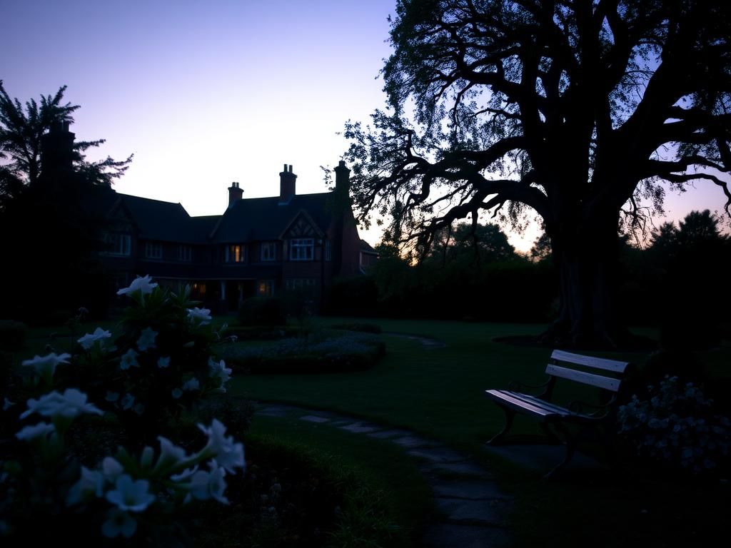 Flick International Serene English garden at twilight with blooming flowers and a path