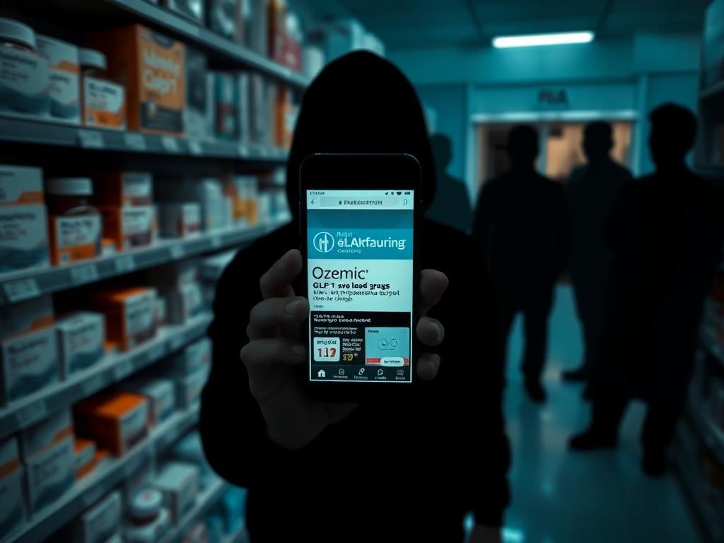 Flick International A crowded pharmacy shelf featuring various prescription medication boxes, including GLP-1 weight-loss drugs like Ozempic, hinting at scarcity.