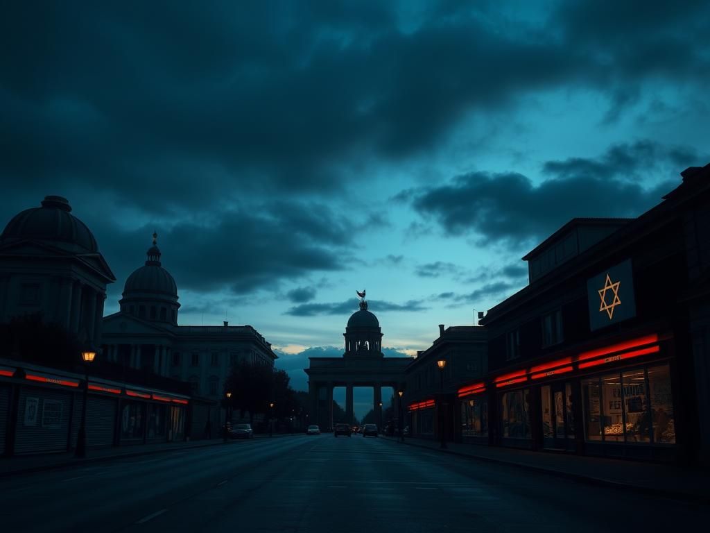 Flick International Dark cityscape of Berlin at dusk with iconic landmarks and closed storefronts symbolizing tension