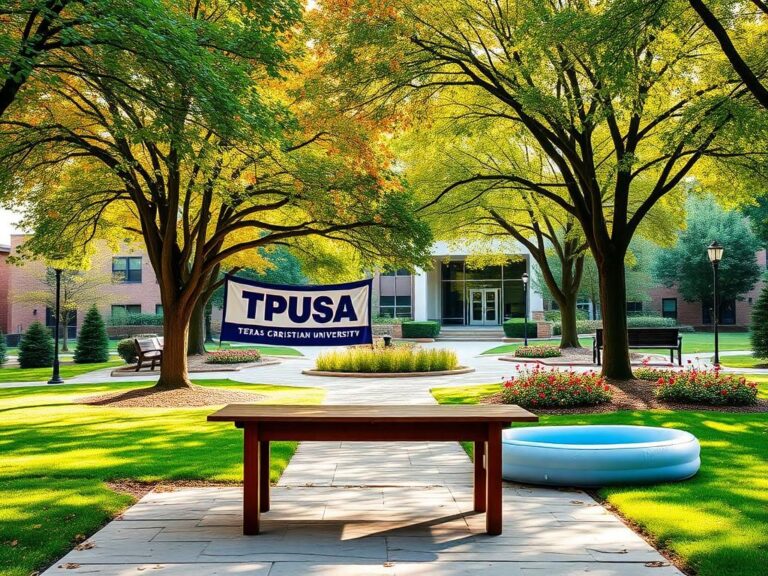 Flick International Serene courtyard at Texas Christian University featuring a TPUSA banner and autumn foliage.