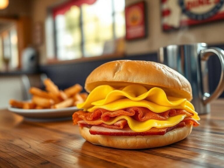 Flick International A close-up of a pork roll sandwich with crispy pork roll, eggs, and cheese on a toasted roll