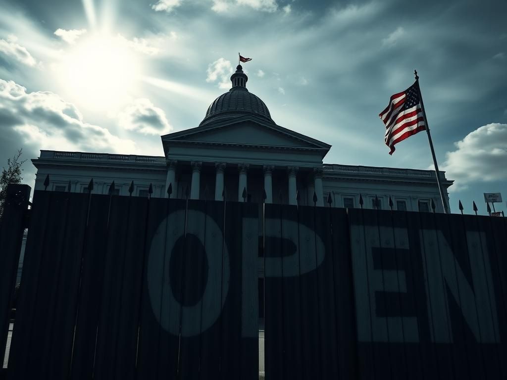Flick International An imposing government building with large 'OPEN' letters on a wooden gate, indicative of the ongoing shutdown.