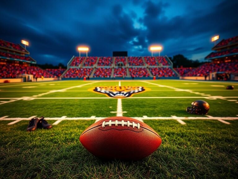 Flick International Jacksonville Jaguars football field at dusk with a well-worn football and team memorabilia