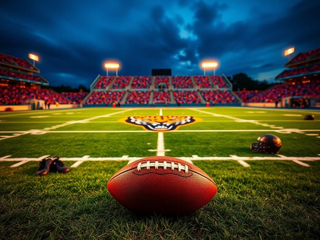 Flick International Jacksonville Jaguars football field at dusk with a well-worn football and team memorabilia