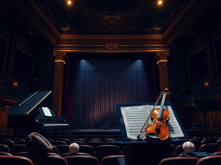 Flick International Dimly lit interior of Carnegie Hall with stage set for performance featuring grand piano and violin