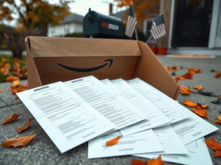 Flick International Close-up view of unmarked absentee ballots spilling from an Amazon box on a residential doorstep