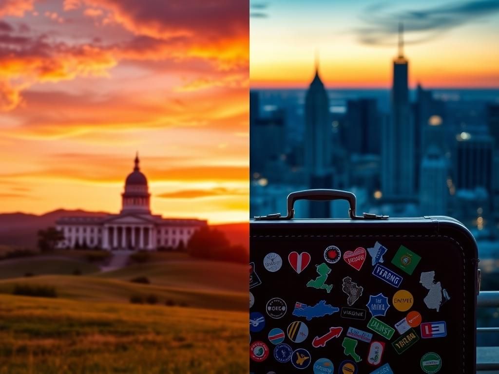 Flick International Split-screen image depicting the gubernatorial races in Virginia and New Jersey with a vintage suitcase in the foreground